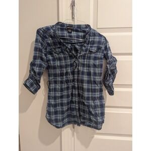 Wet Seal Flannel Blouse Sz S Blue Plaid Y2K VTG Bella Swan Fall Outdoors Sparkle